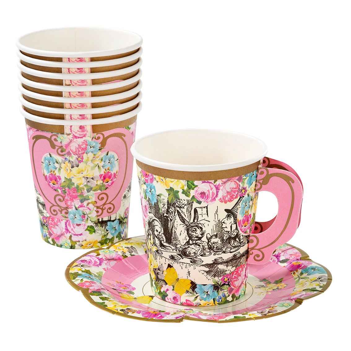 Pink Mad Hatters Tea Party Teacups &amp; Saucers - 12 pack