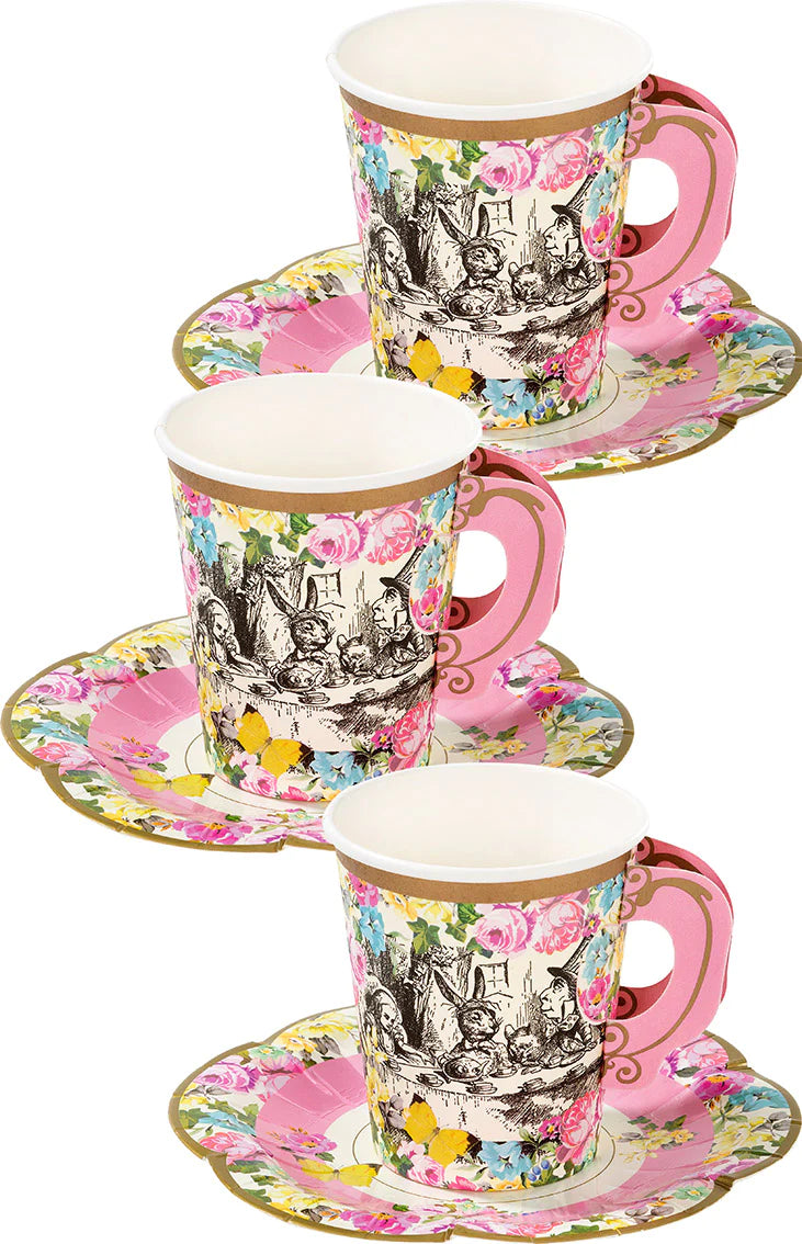 Pink Mad Hatters Tea Party Teacups &amp; Saucers - 12 pack