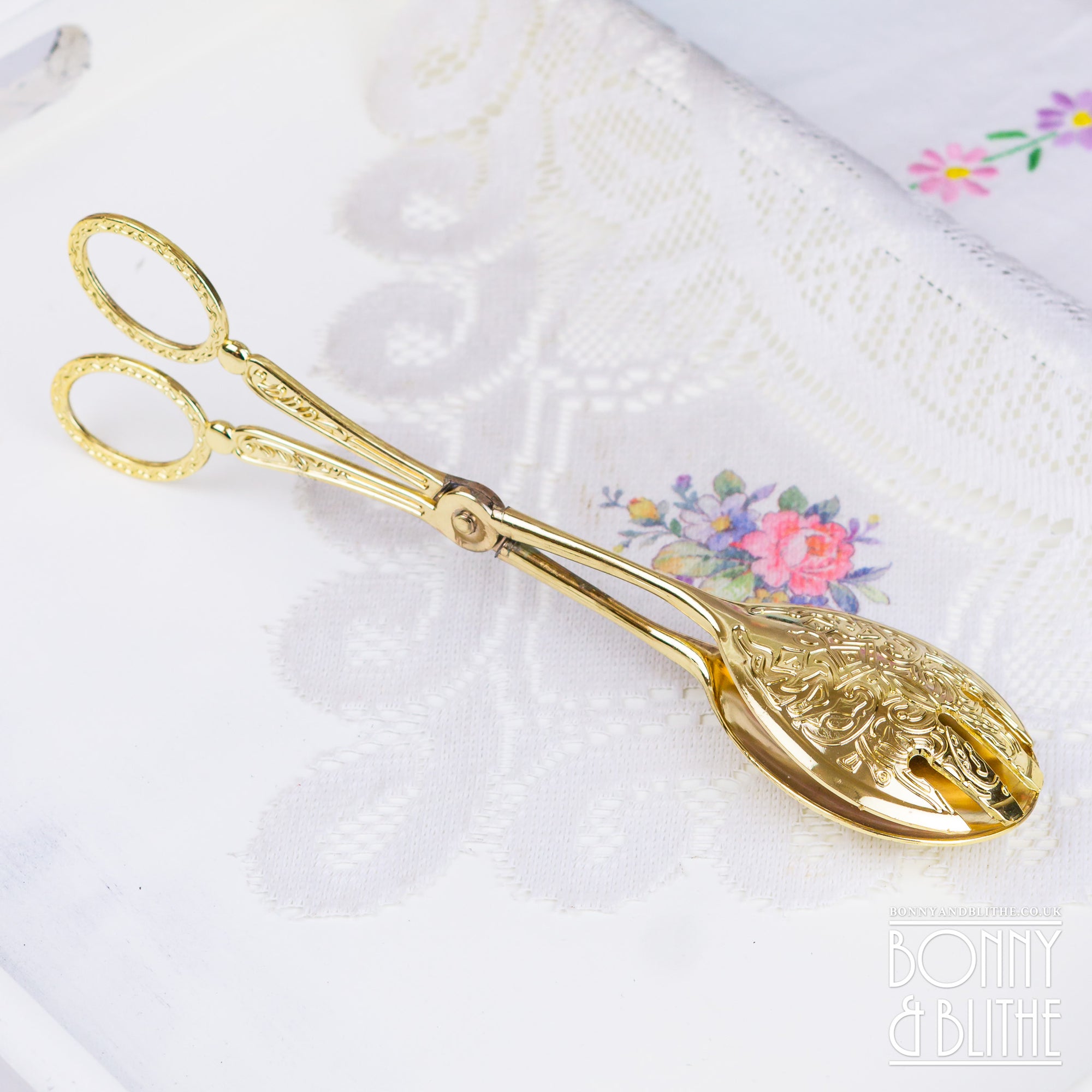 Ornate Gold Tone Serving Tongs - Oval