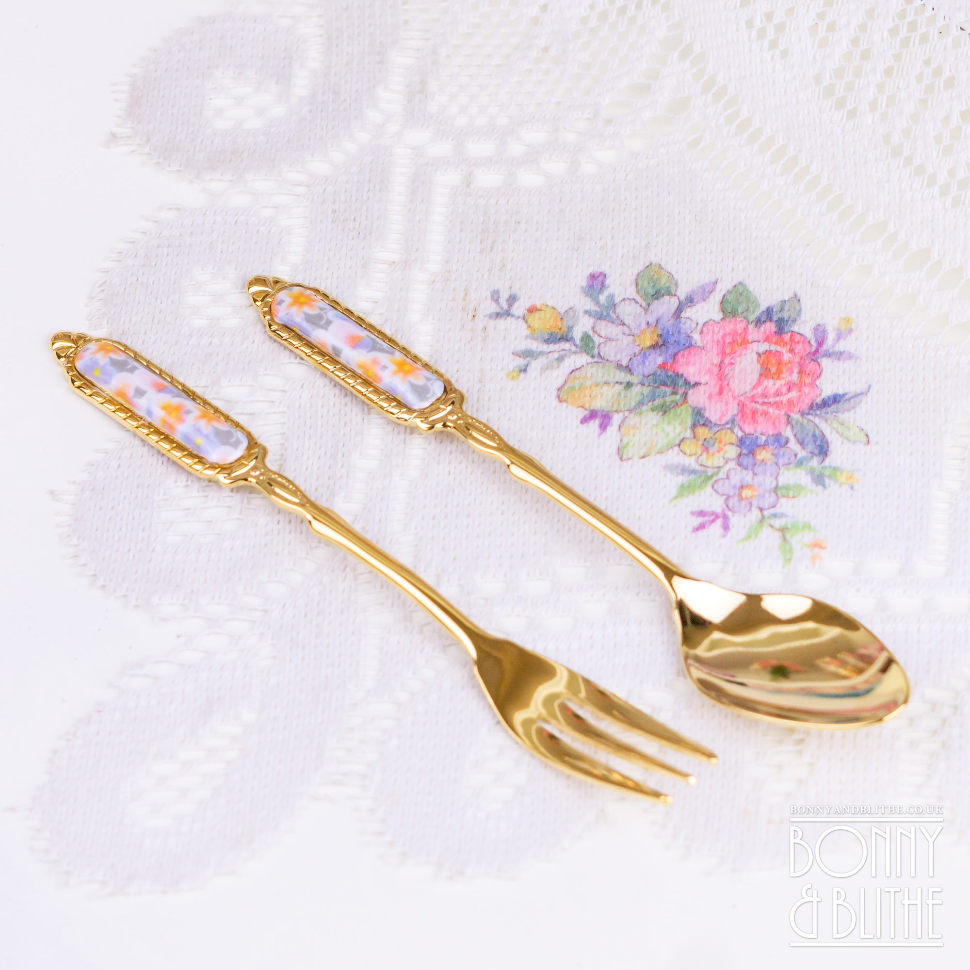 Gold Plated Autumn Leaves Teaspoon and Cake Fork