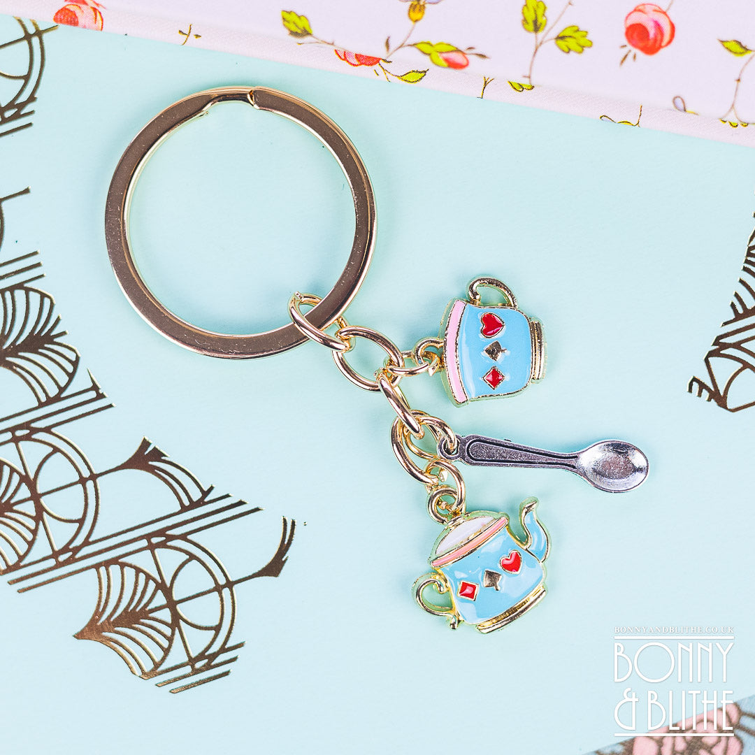 Blue Enamel Teacup & Teapot Gold Keychain