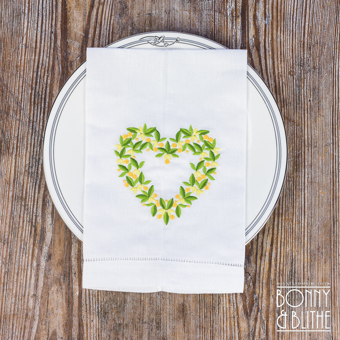 Pair of Embroidered Table Napkins | Yellow Floral Heart Wreath