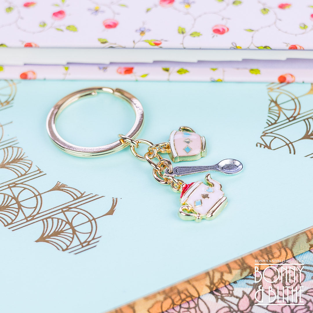 Pink Enamel Teacup &amp; Teapot Gold Keychain