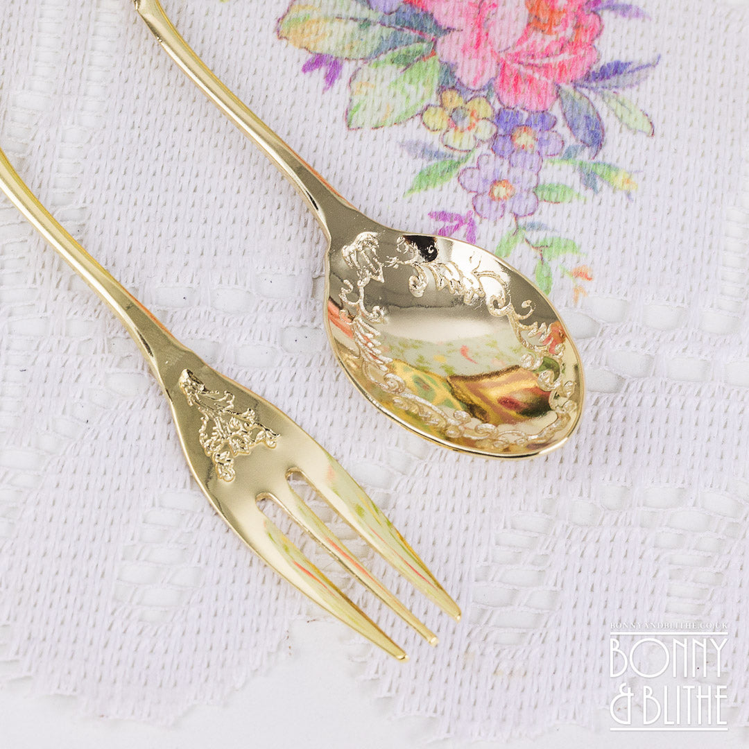 Gold Plated Ribbon Bow Teaspoon and Cake Fork