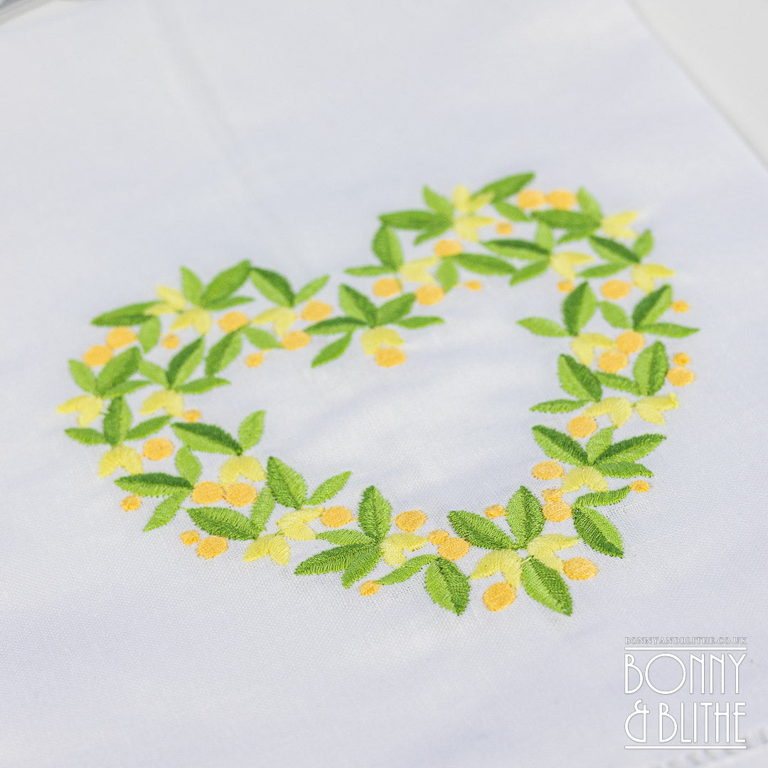 Pair of Embroidered Table Napkins | Yellow Floral Heart Wreath