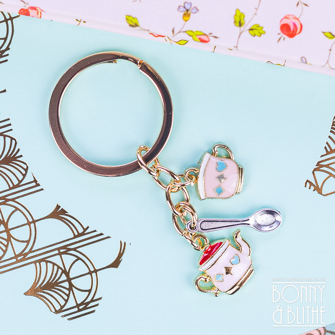 Pink Enamel Teacup & Teapot Gold Keychain