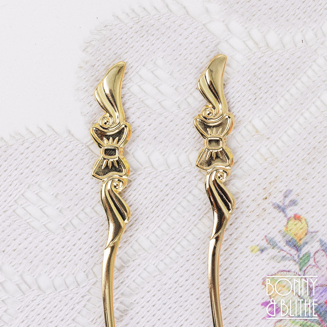 Gold Plated Ribbon Bow Teaspoon and Cake Fork