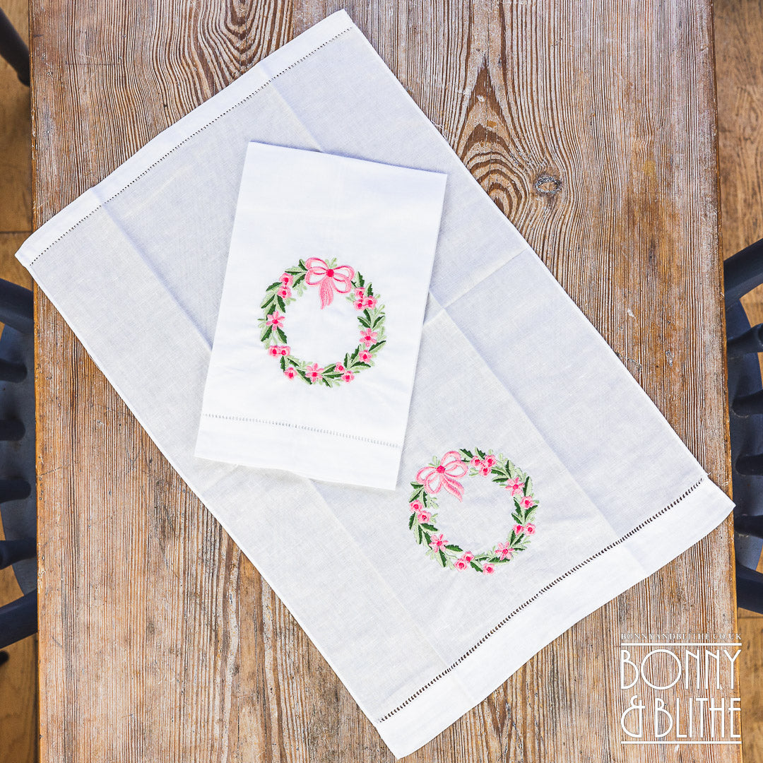 Pair of Embroidered Table Napkins | Pink Floral Ribbon Wreath