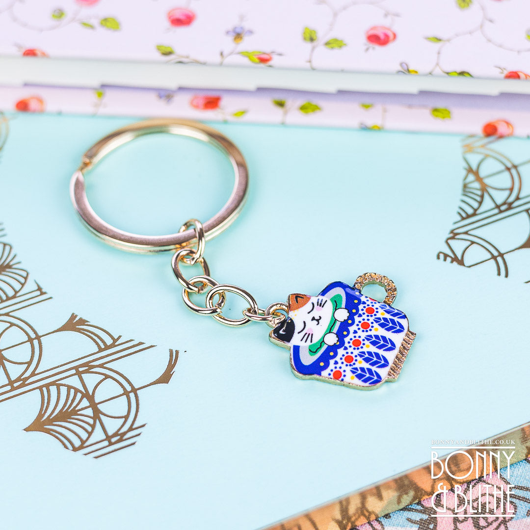 White Kitten in a Teacup Enamel Gold Keychain