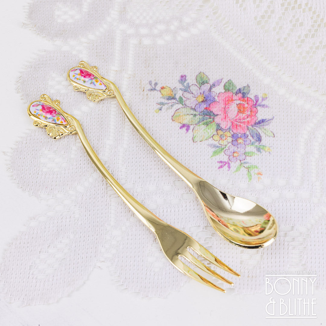 Gold Plated Rose Merry Teaspoon and Cake Fork