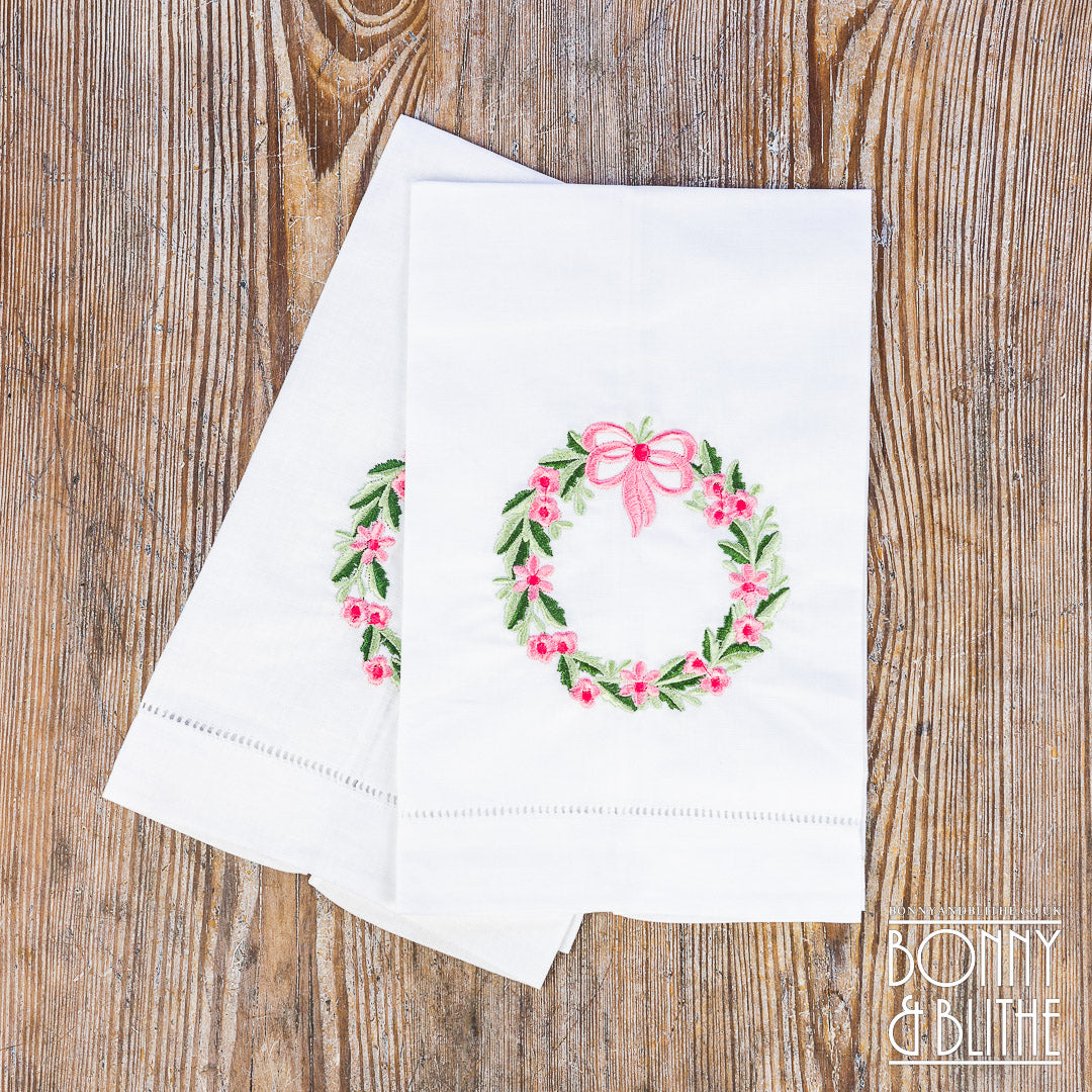 Pair of Embroidered Table Napkins | Pink Floral Ribbon Wreath