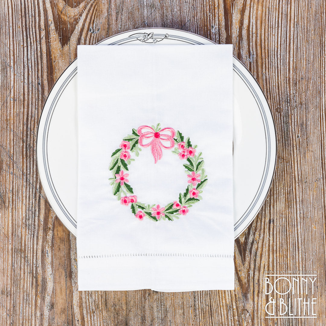 Pair of Embroidered Table Napkins | Pink Floral Ribbon Wreath
