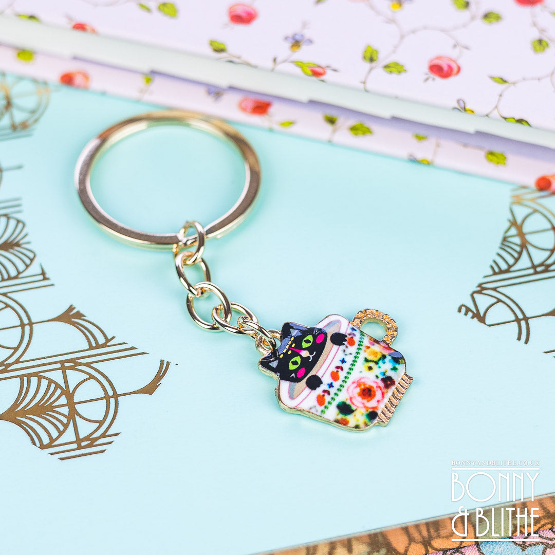 Black Kitten in a Teacup Enamel Gold Keychain