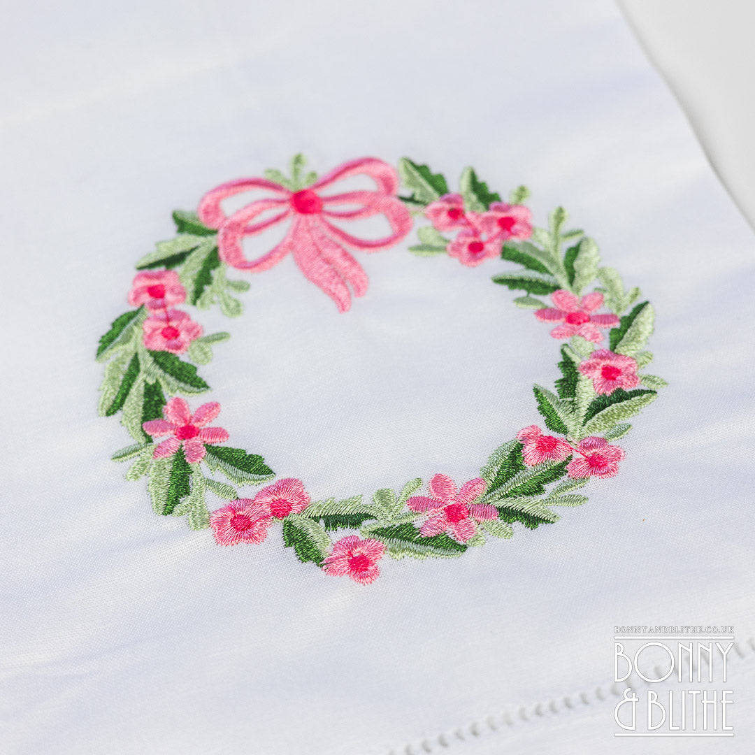 Pair of Embroidered Table Napkins | Pink Floral Ribbon Wreath