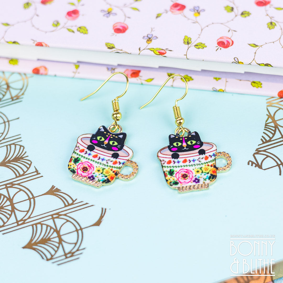 Black Kitten in a Teacup Enamel Gold Drop Earrings