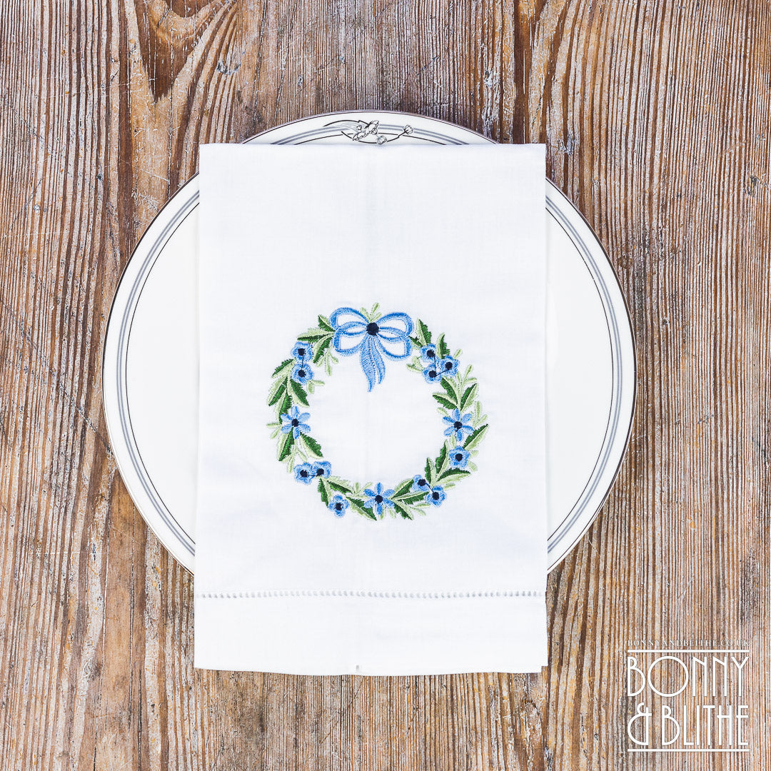Pair of Embroidered Table Napkins | Blue Floral Ribbon Wreath