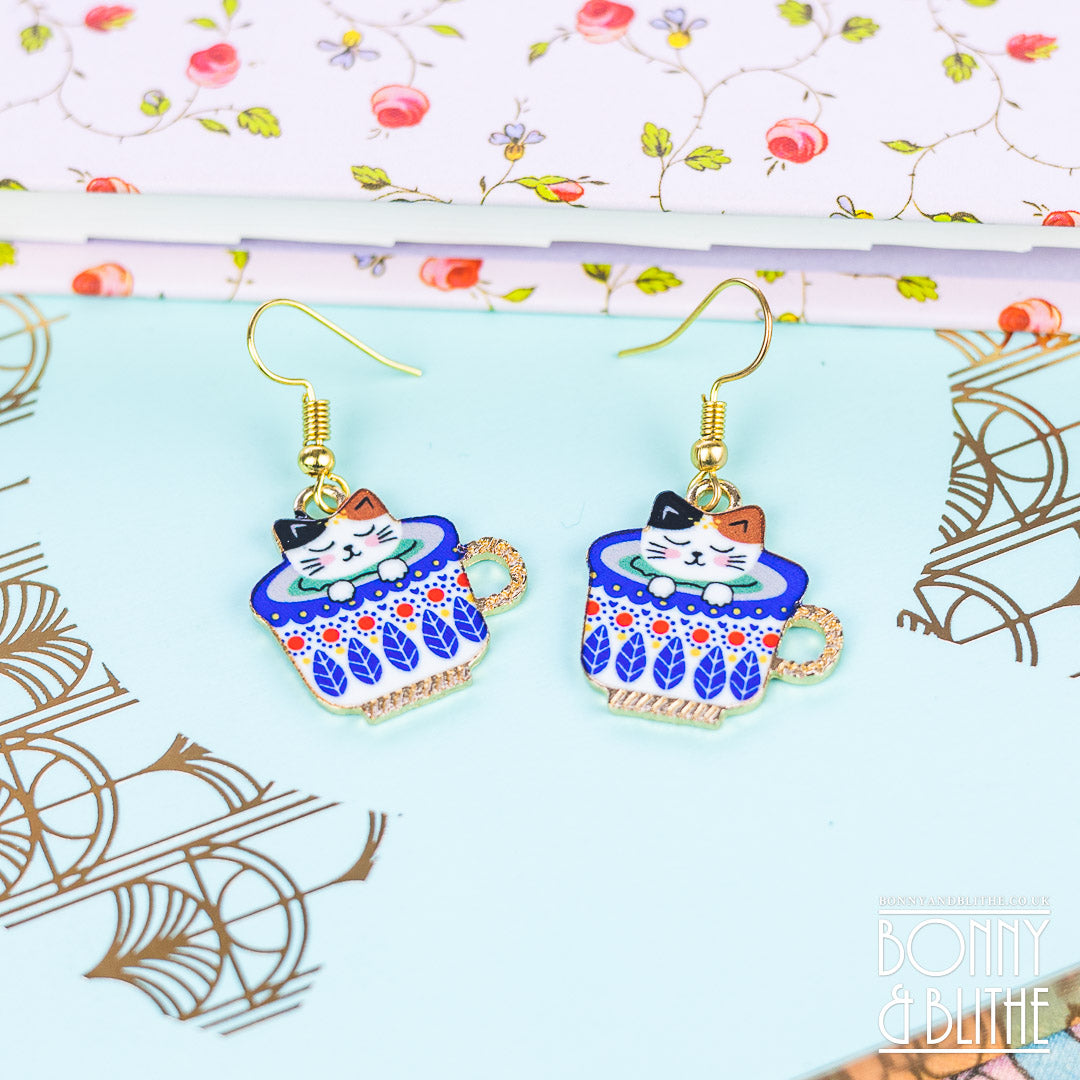 White Kitten in a Teacup Enamel Gold Drop Earrings
