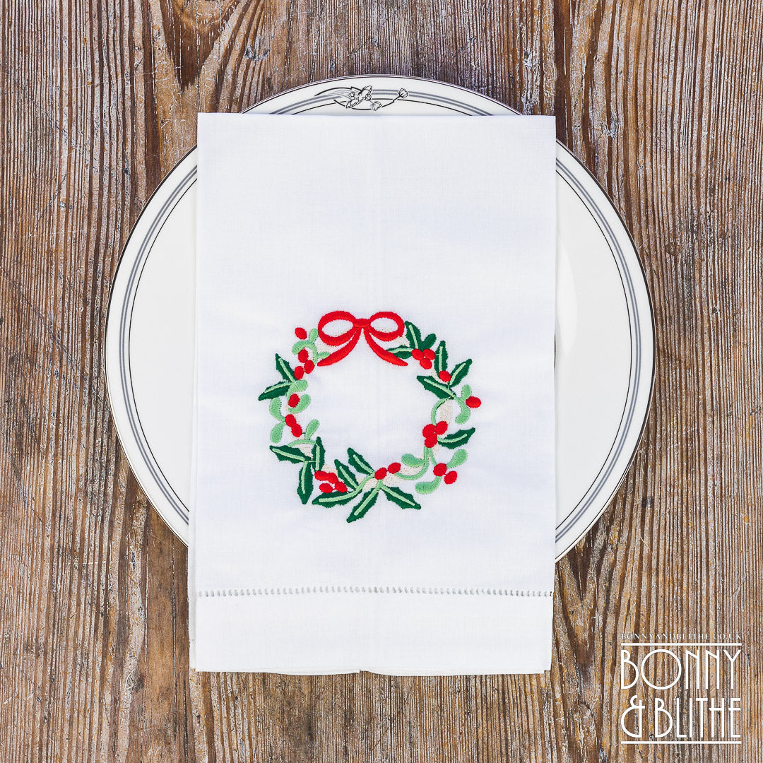 Pair of Embroidered Table Napkins | Holly Red Ribbon Wreath