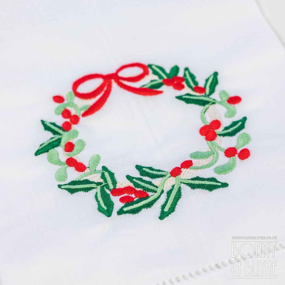 Pair of Embroidered Table Napkins | Holly Red Ribbon Wreath