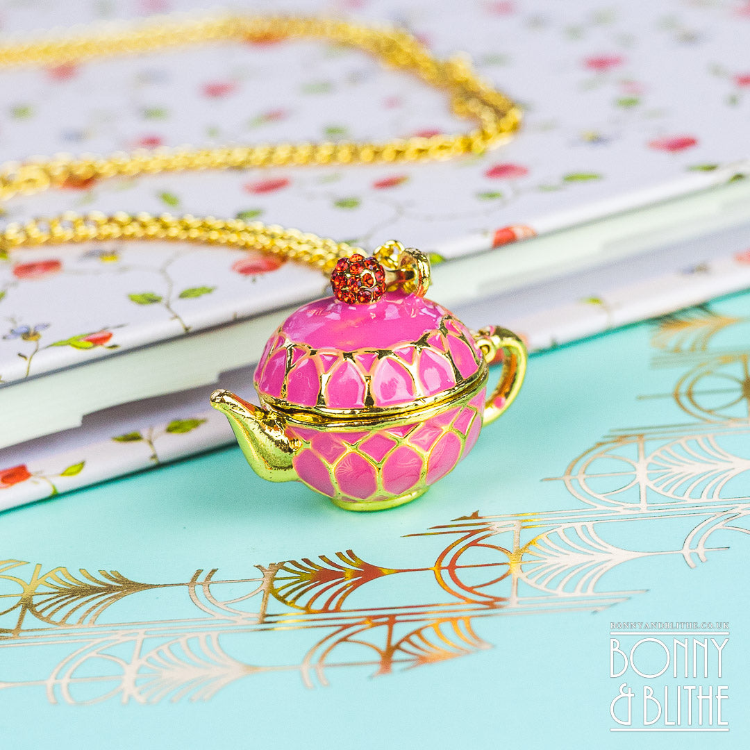 Pink Enamel Gold Teapot Pendant Necklace