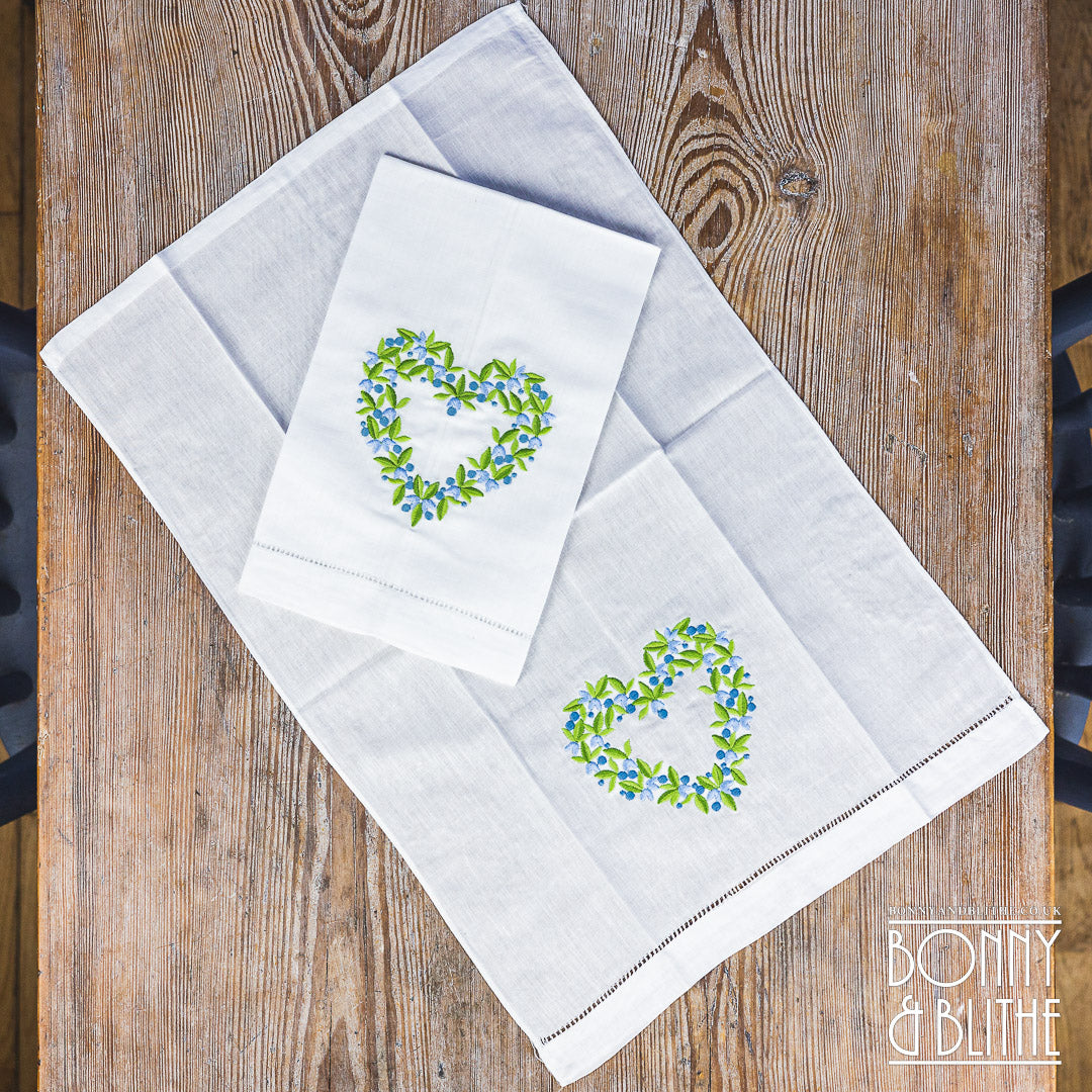Pair of Embroidered Table Napkins | Blue Floral Heart Wreath