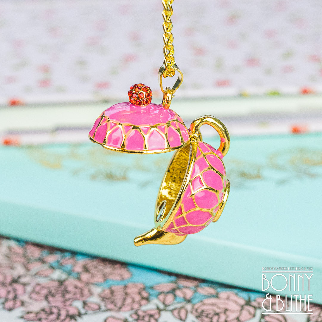 Pink Enamel Gold Teapot Pendant Necklace