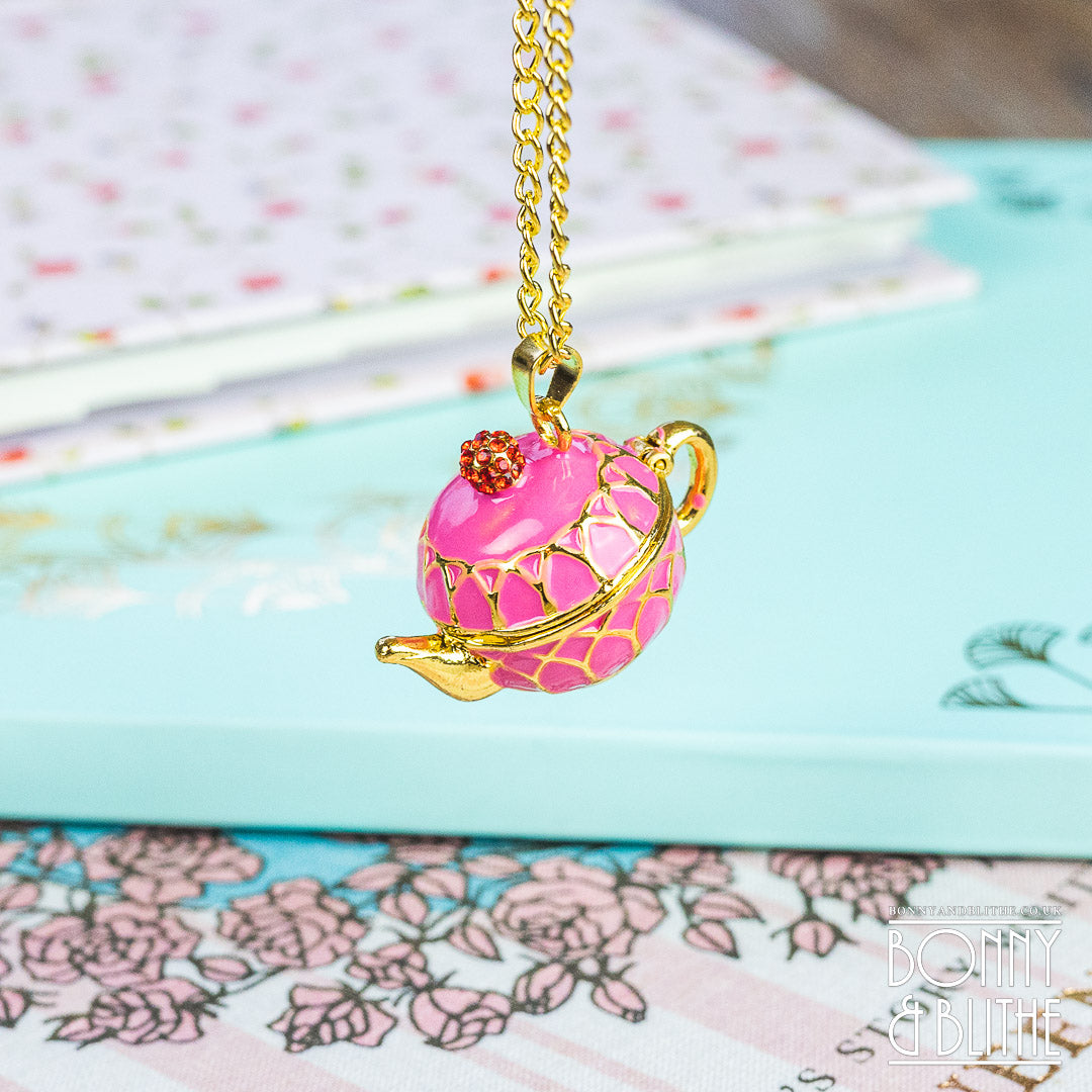 Pink Enamel Gold Teapot Pendant Necklace