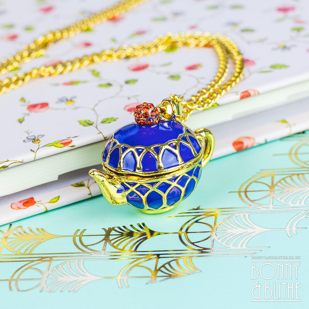 Blue Enamel Gold Teapot Pendant Necklace