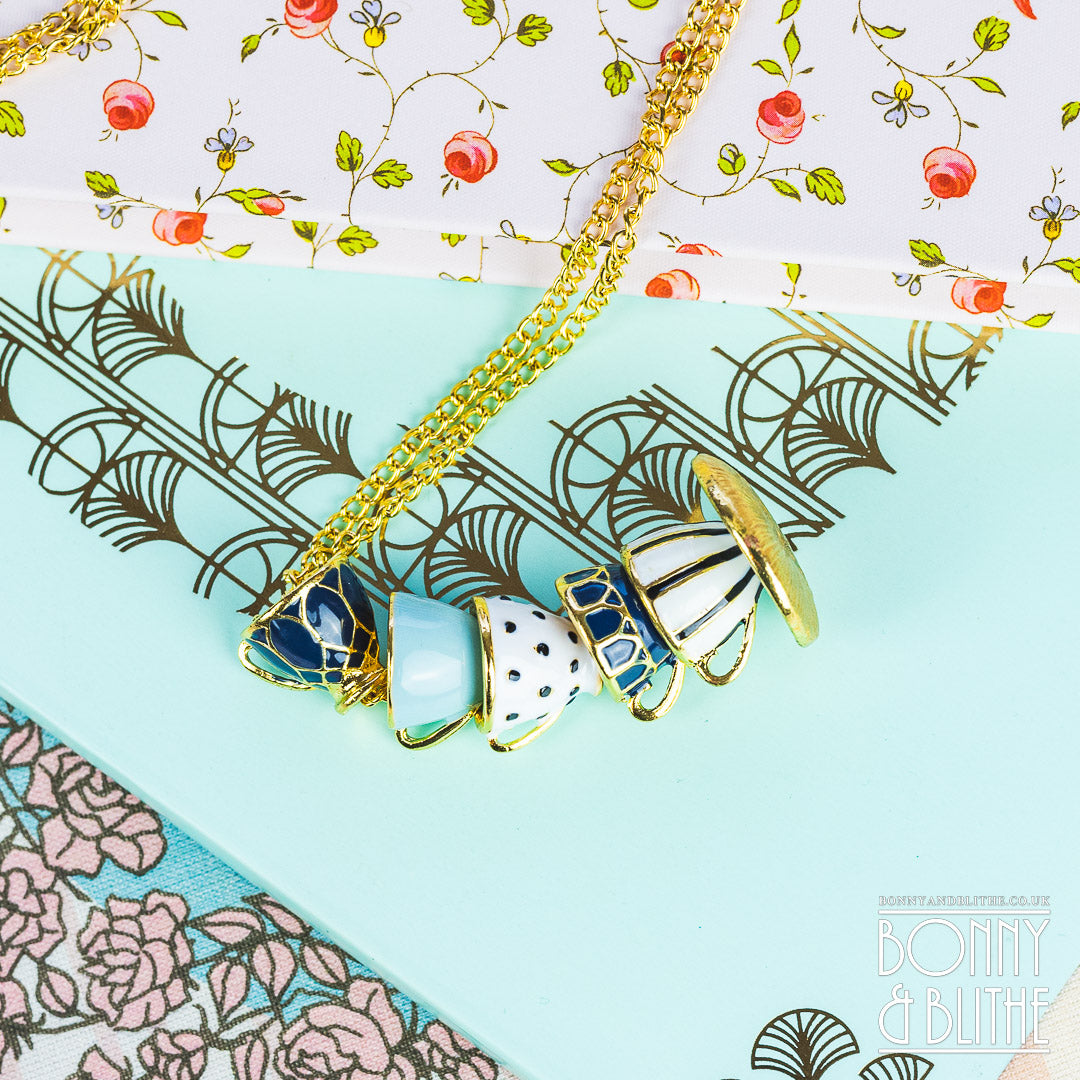 Blue &amp; White Enamel Gold Stacked Teacup Necklace