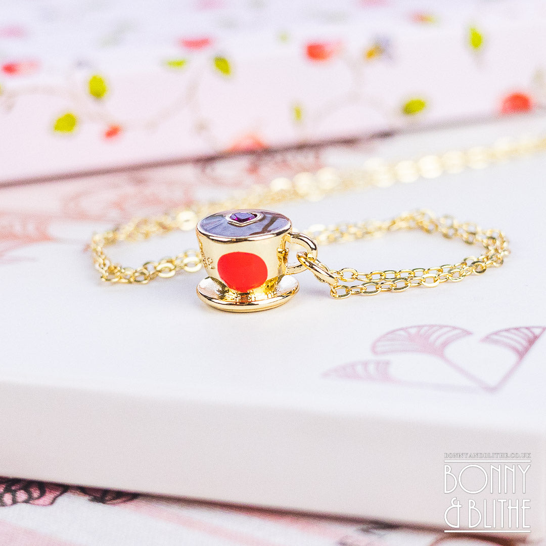 Red Heart Jewel Gold Teacup Necklace