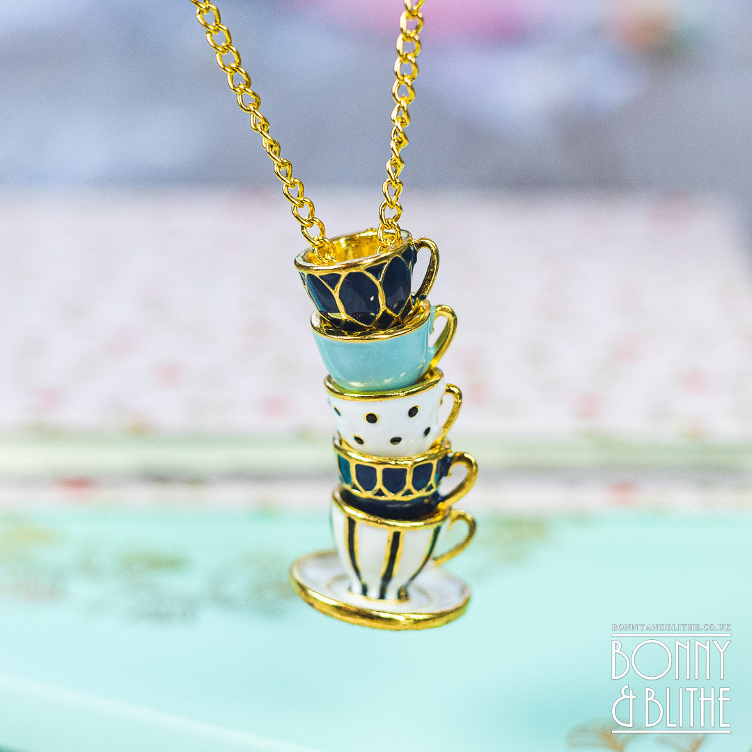 Blue &amp; White Enamel Gold Stacked Teacup Necklace