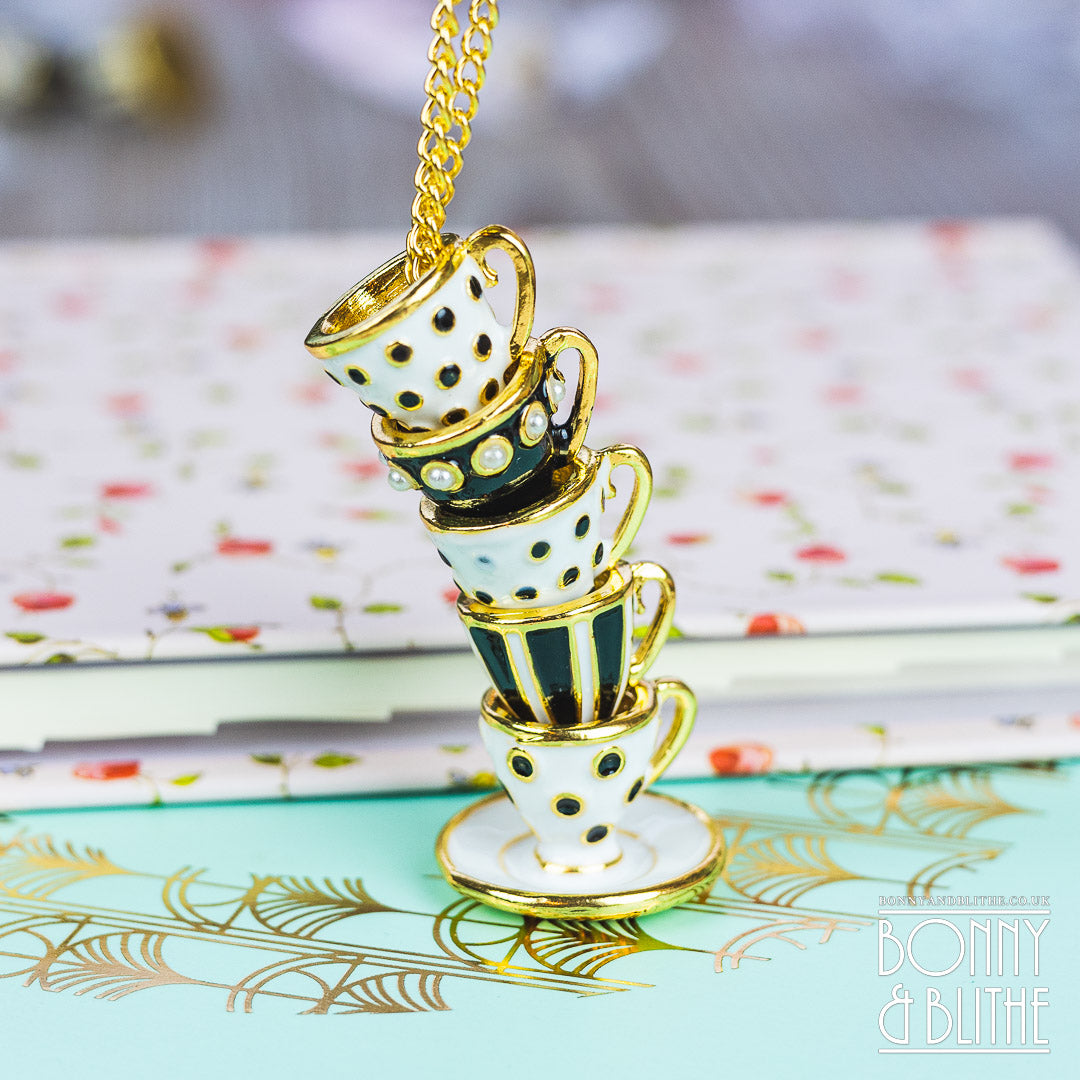 Black &amp; White Enamel Gold Stacked Teacup Necklace