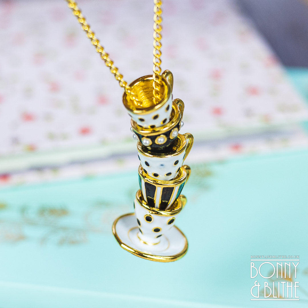 Black & White Enamel Gold Stacked Teacup Necklace