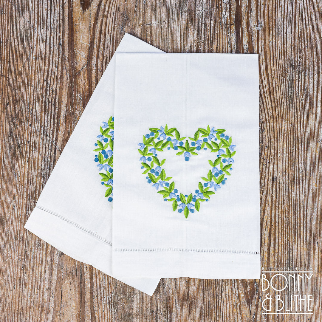 Pair of Embroidered Table Napkins | Blue Floral Heart Wreath