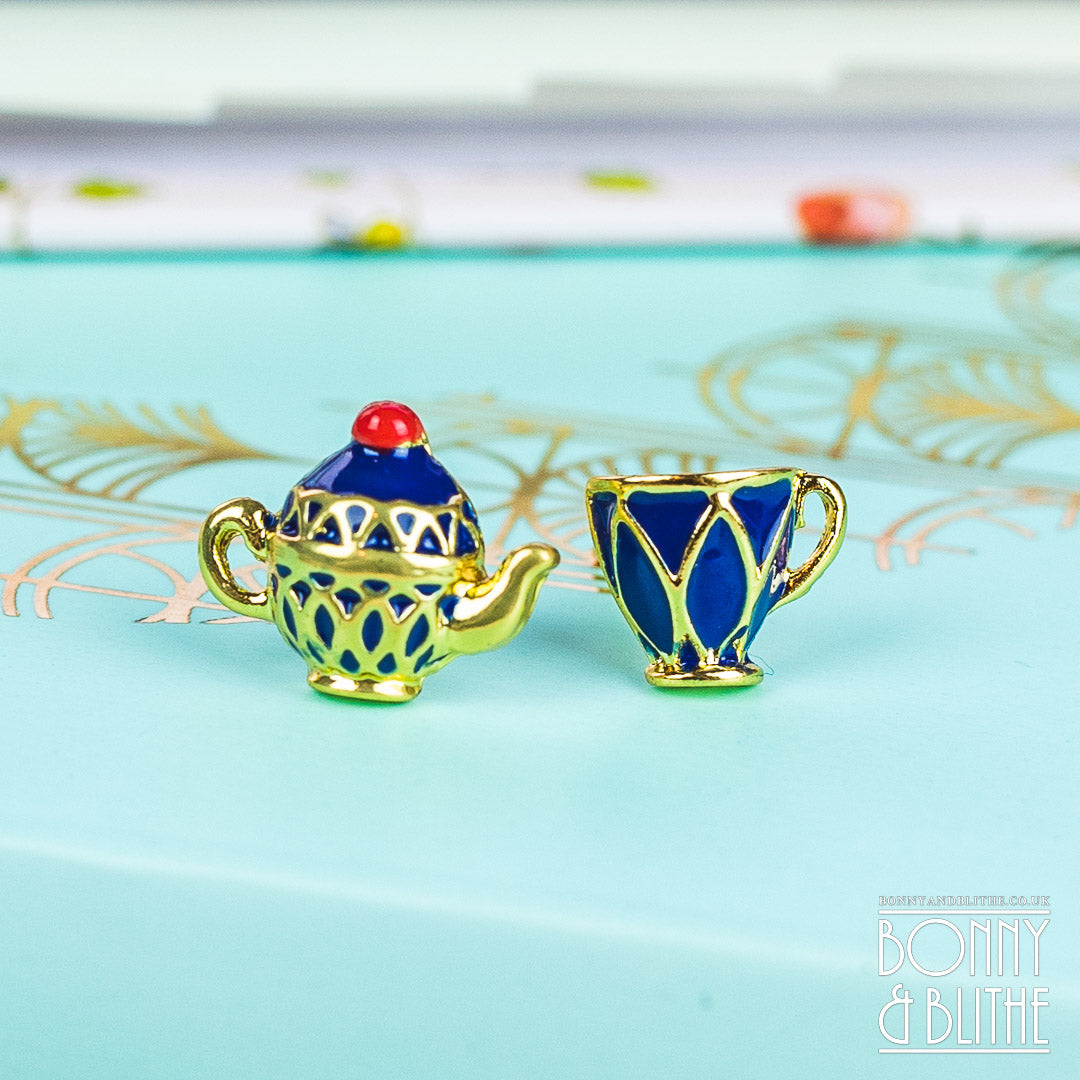 Blue Enamel Gold Teapot &amp; Teacup Earrings