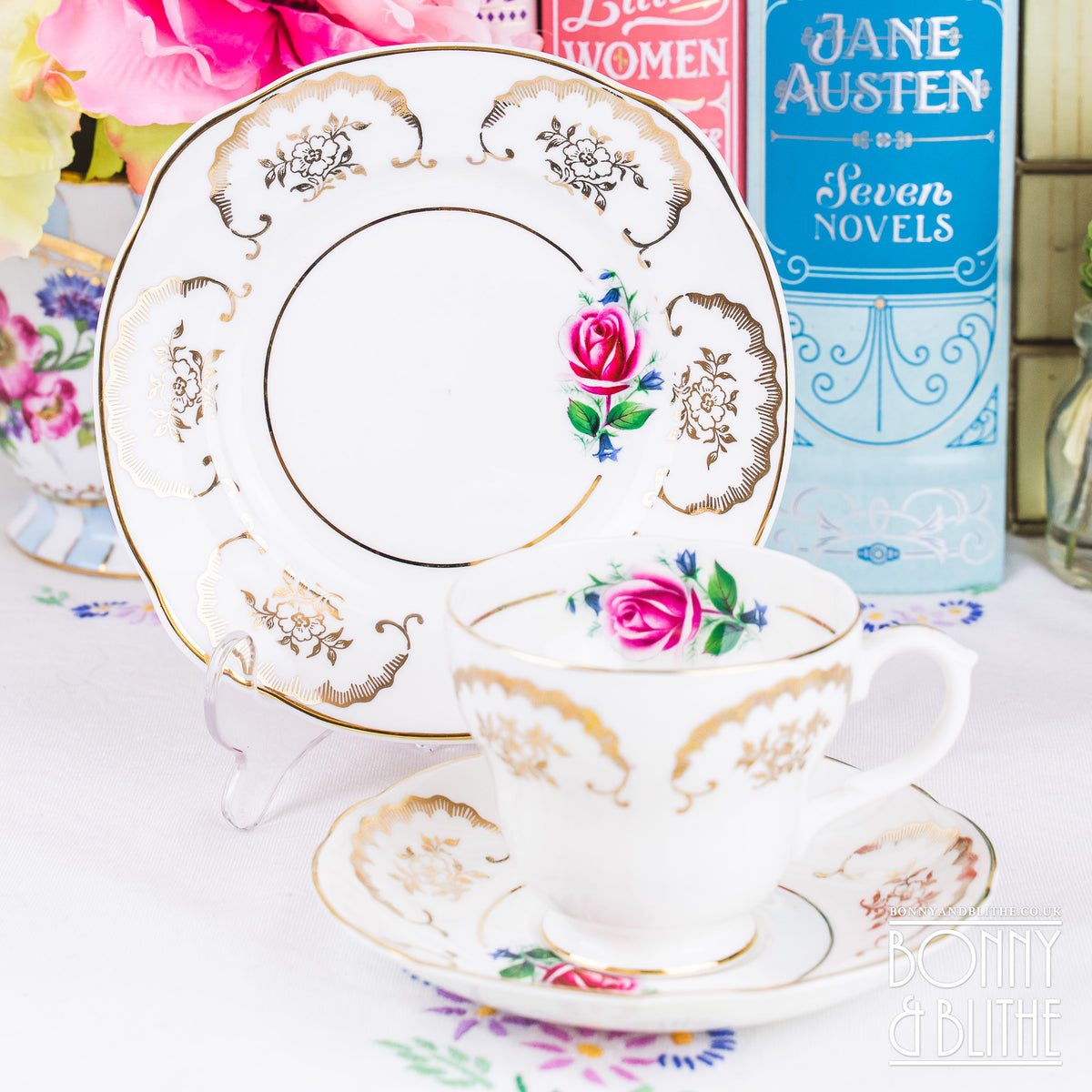 English Bone China Pink Rose Teacup Set