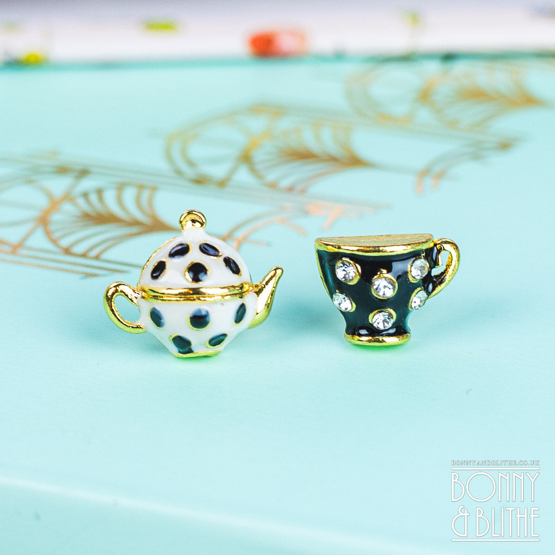 Black & White Enamel Gold Teapot & Teacup Earrings