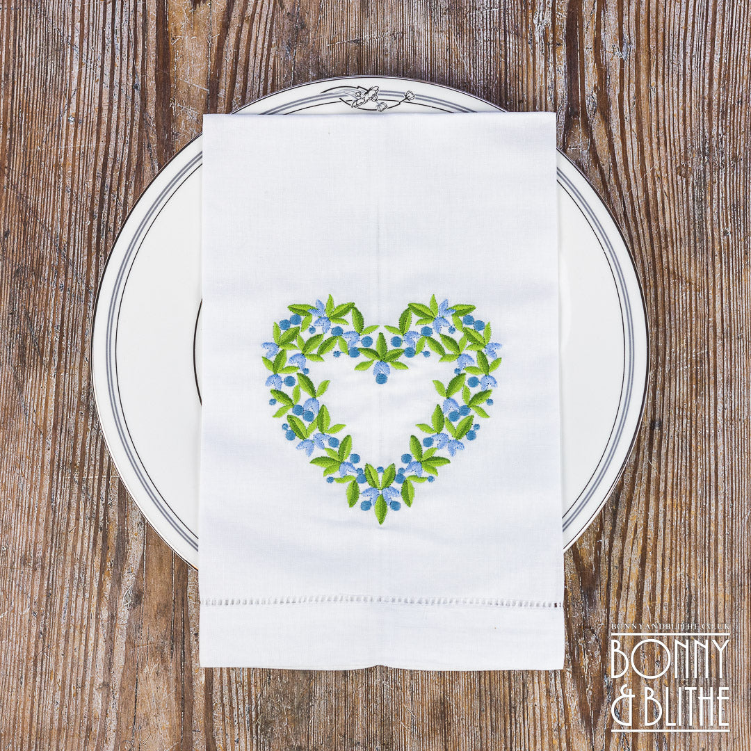 Pair of Embroidered Table Napkins | Blue Floral Heart Wreath