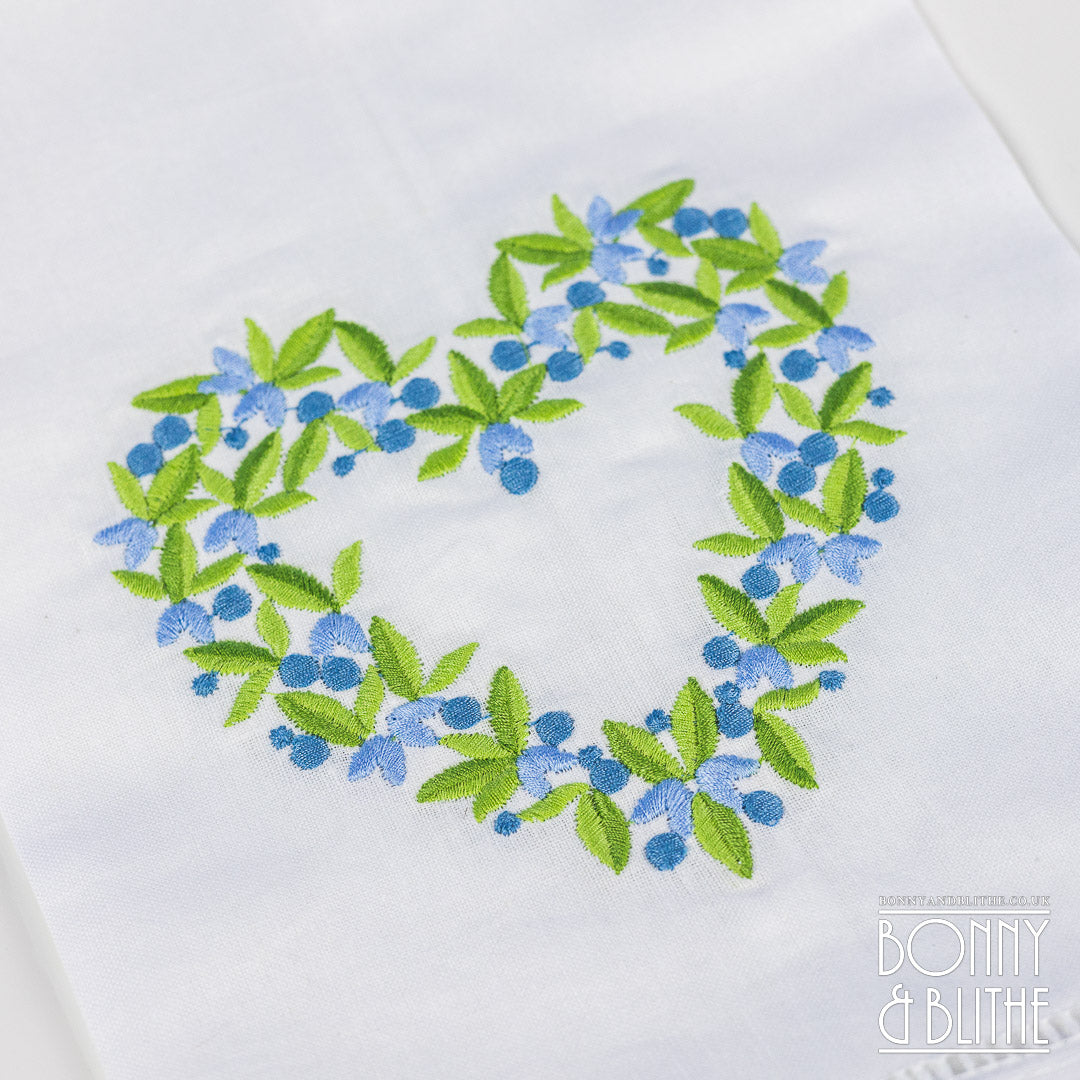 Pair of Embroidered Table Napkins | Blue Floral Heart Wreath