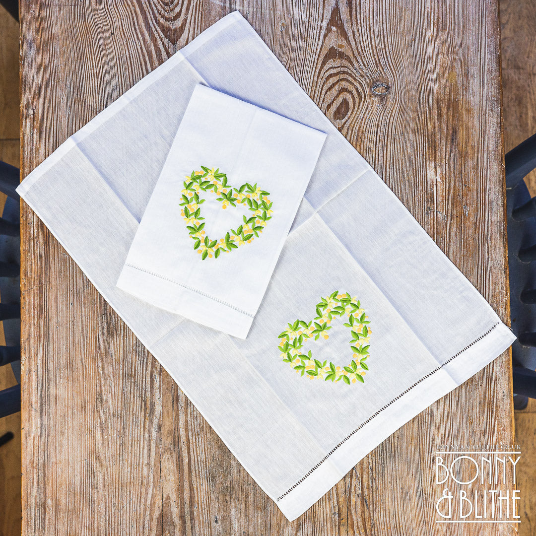 Pair of Embroidered Table Napkins | Yellow Floral Heart Wreath