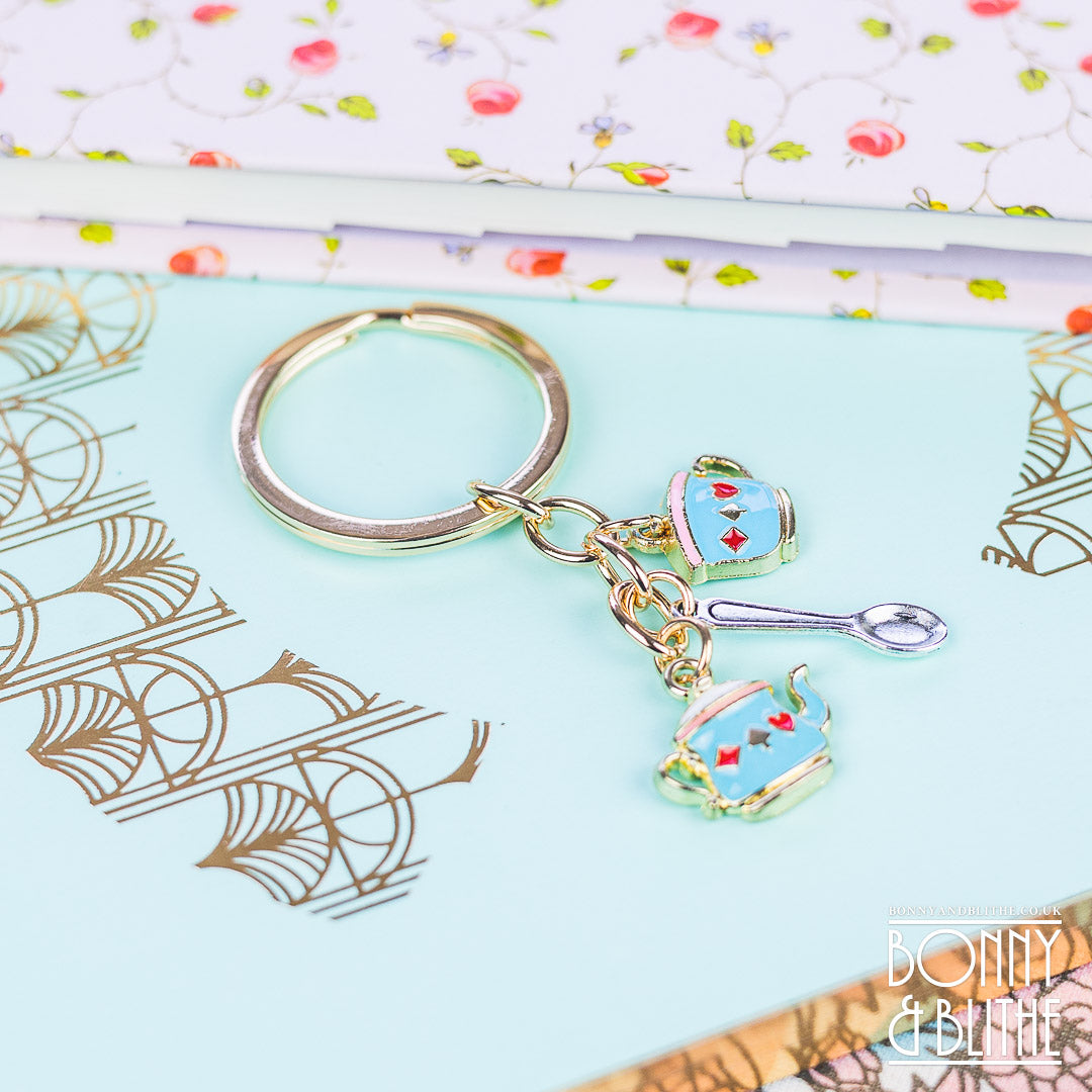 Blue Enamel Teacup &amp; Teapot Gold Keychain