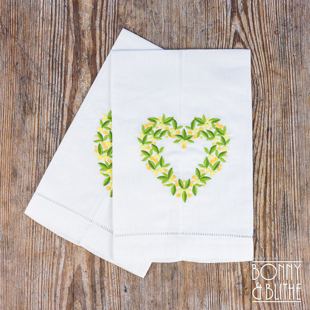 Pair of Embroidered Table Napkins | Yellow Floral Heart Wreath