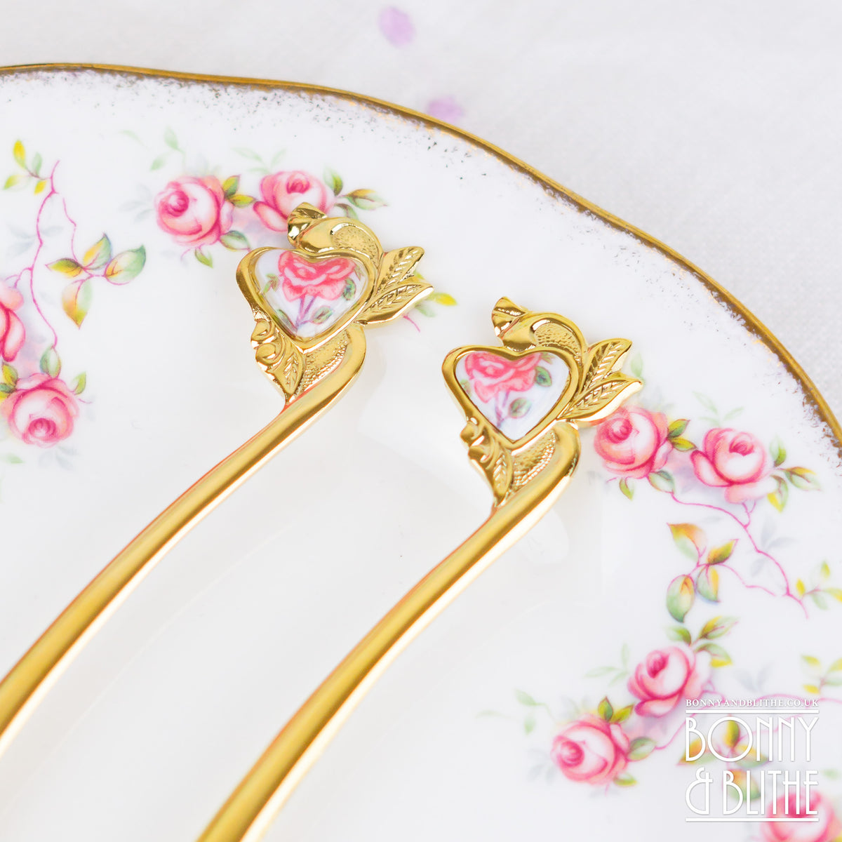 Gold Plated Heart Rose Teaspoon and Cake Fork