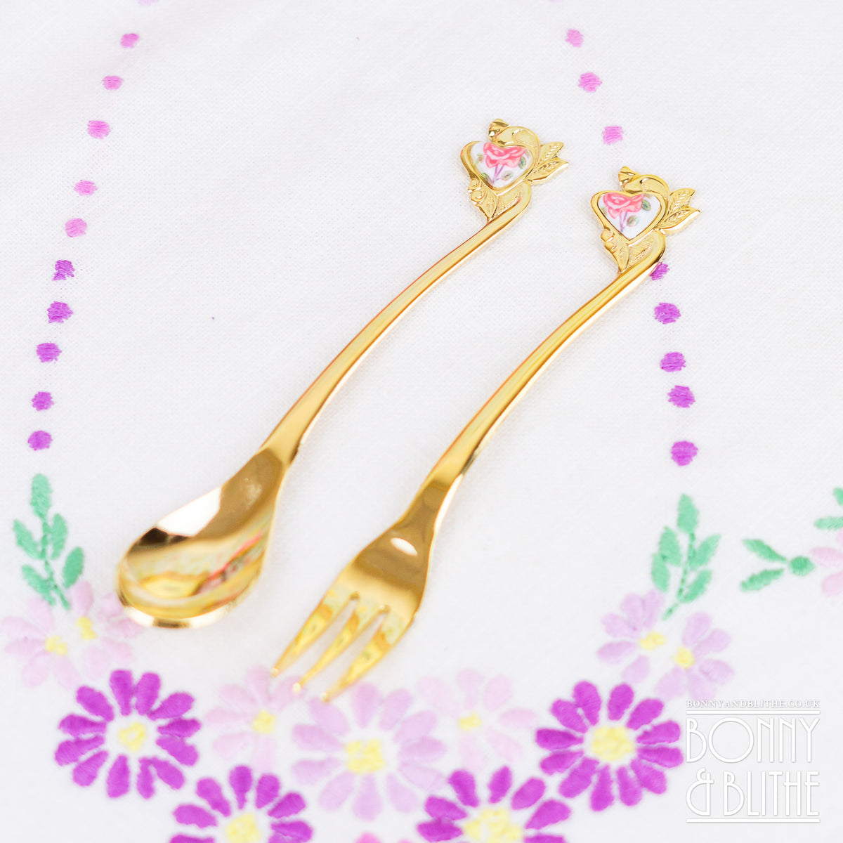 Gold Plated Heart Rose Teaspoon and Cake Fork