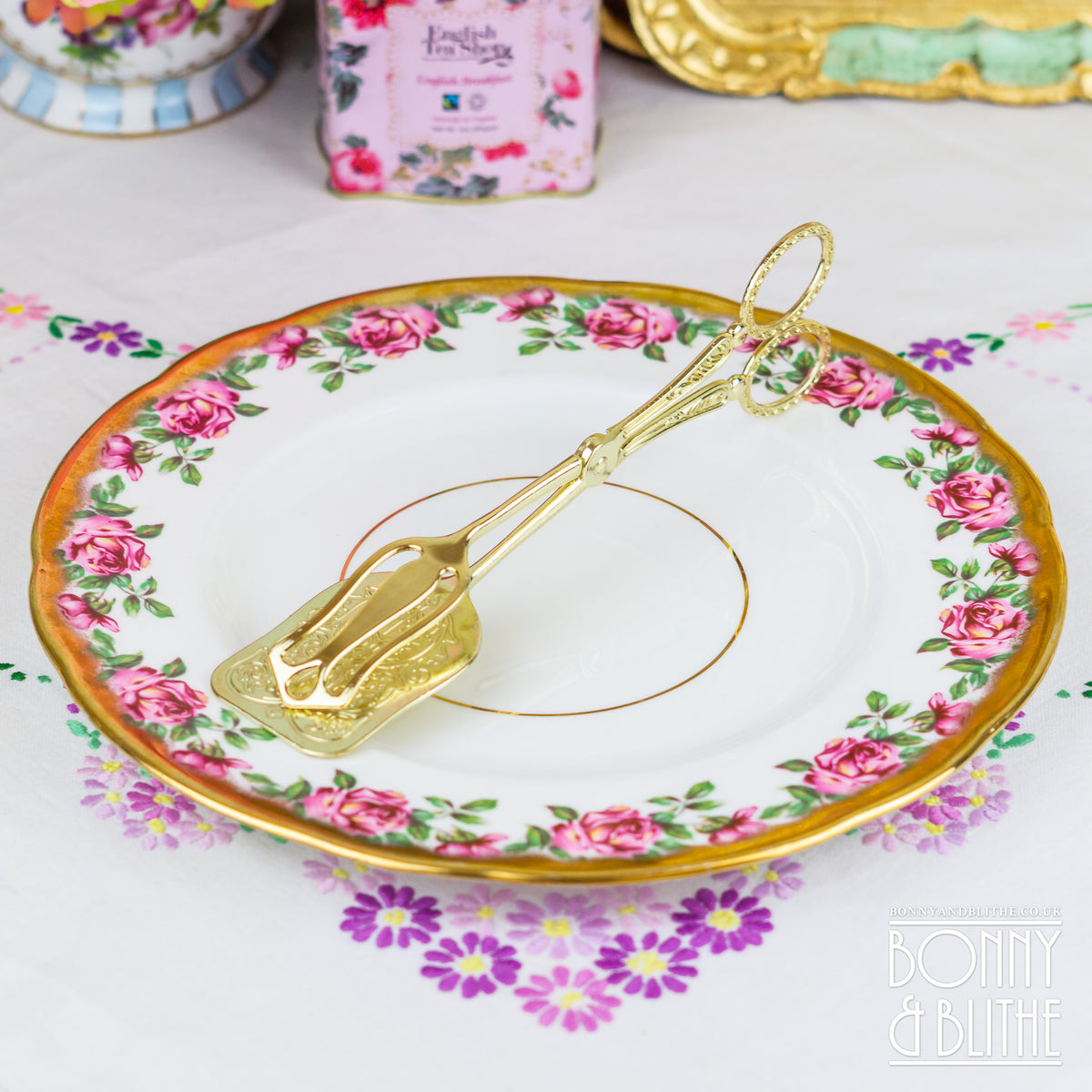 Ornate Gold Tone Serving Tongs - Square