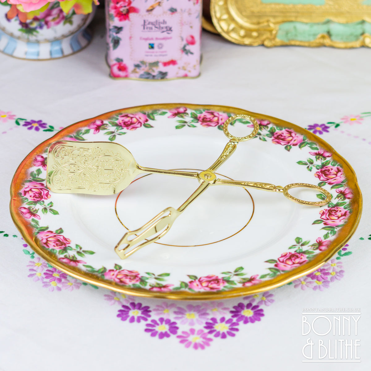 Ornate Gold Tone Serving Tongs - Square