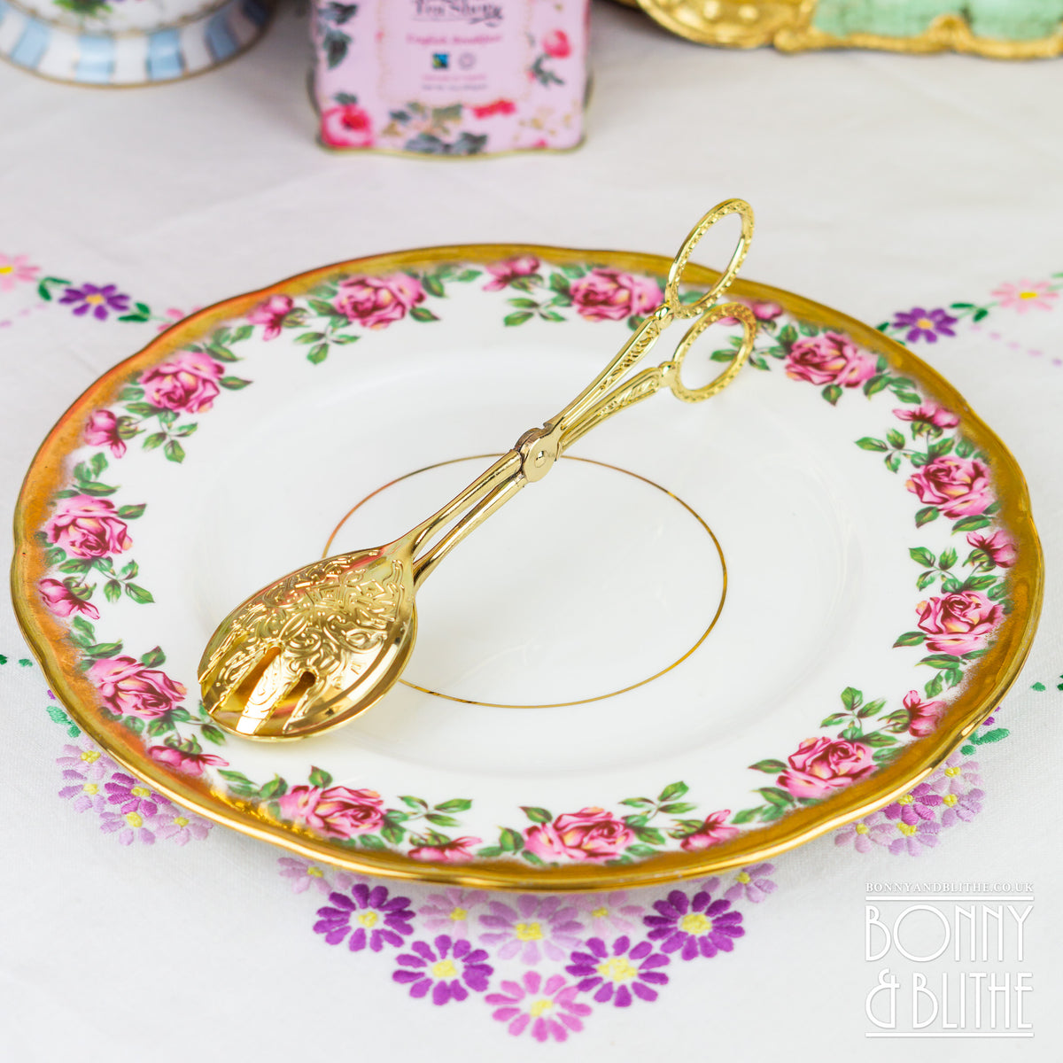 Ornate Gold Tone Serving Tongs - Oval