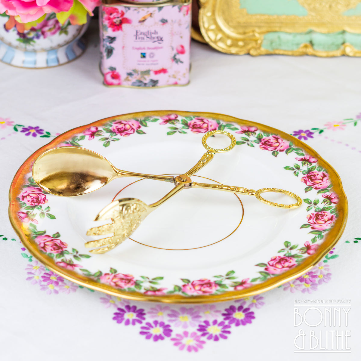 Ornate Gold Tone Serving Tongs - Oval