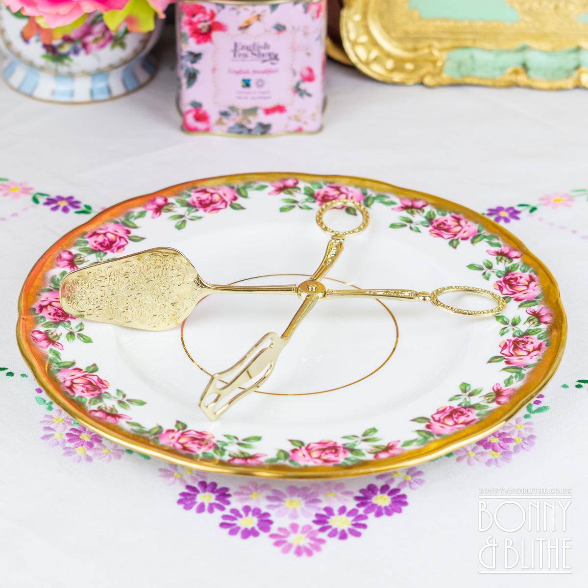 Ornate Gold Tone Serving Tongs - Tapered