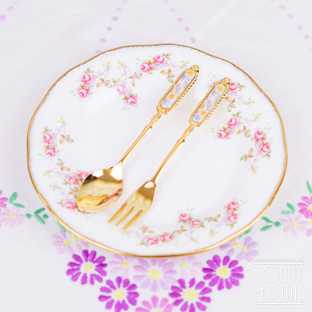 Gold Plated Autumn Leaves Teaspoon and Cake Fork